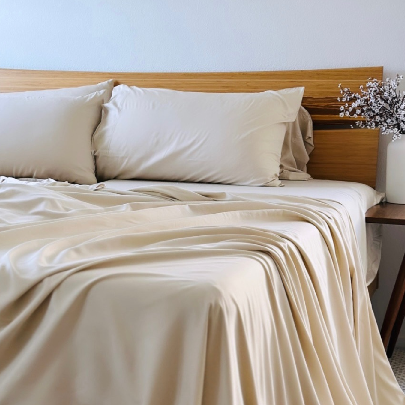 Light beige Copper Infused Bamboo Pillowcase Set neatly arranged on a bed with a bamboo headboard.